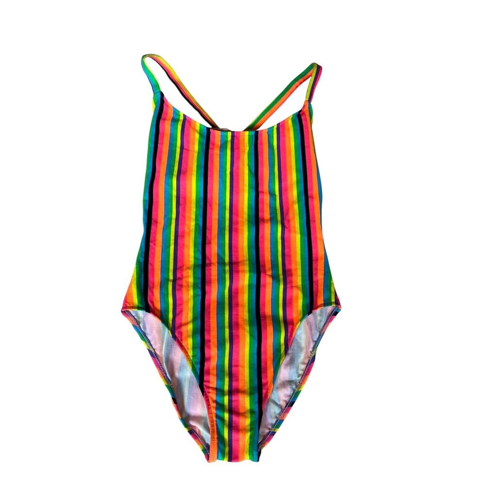 Vintage 80s Rayz High Waisted One Piece Bathing Suit USA Neon Striped Size 11/12